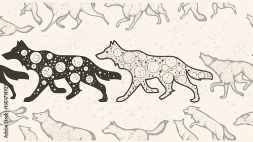 Running wolves with patterned bodies in black and white on a light background with similar wolves silhouette