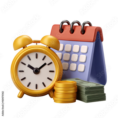 Yellow alarm clock calendar and stack of money isolated on transparent background