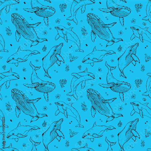Vector seamless pattern with whales and dolphins. Marine animals in engraving technique, freehand drawing with ink. Blue background. Can be used for wallpaper, textile, fabric, wrapping paper.