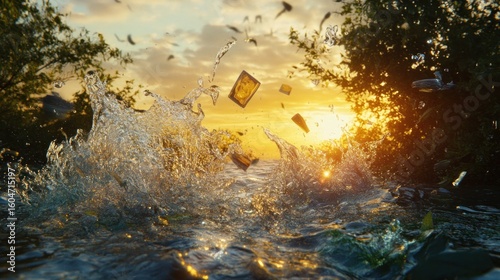 Water splash with floating cards at sunset