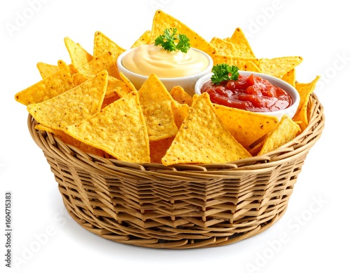 Crispy tortilla chips in a wicker basket with two dips