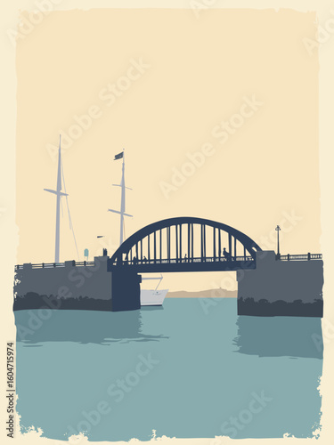 Mystic, CT – Mystic Seaport, drawbridge in sepia gray, bridge black, sail white, and harbor blue
