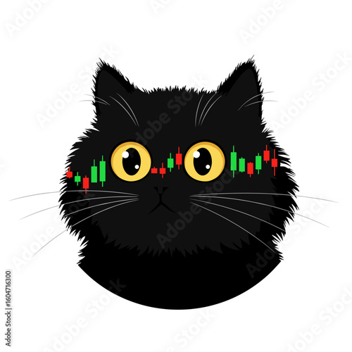 Flat icon of black cat illustration with stock market chart pattern on face, isolated