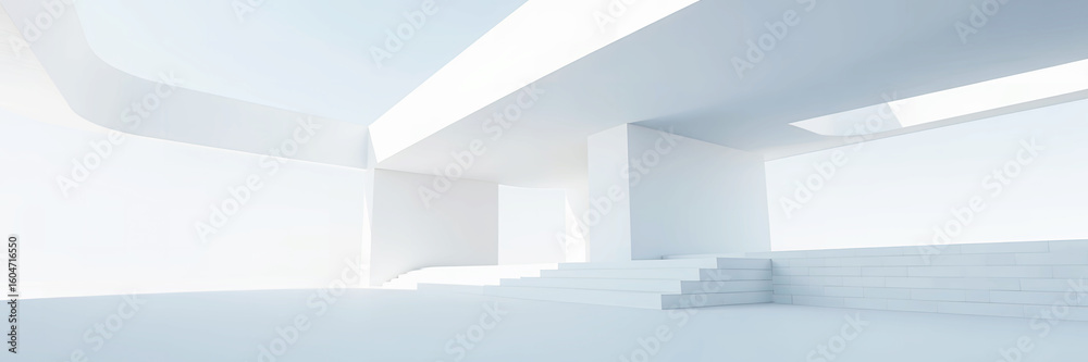 Obraz premium A bright white architectural interior with stairs and geometric shapes under a skylight above