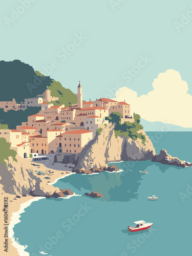 Amalfi, Italy – Cliffs, Amalfi Cathedral, marina in cliff beige, cathedral cream, boat red, and Mediterranean blue
