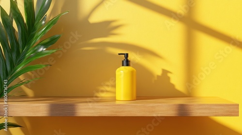 Yellow bottle on wooden shelf, sunny room