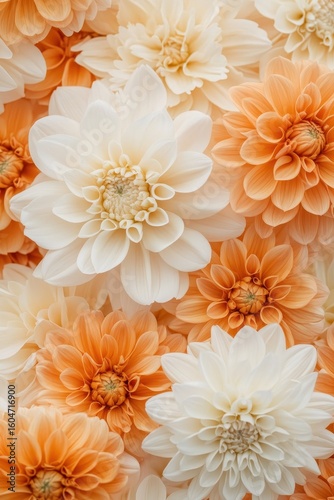 Vertical gardens of cream and orange dahlias create a beautiful floral pattern.