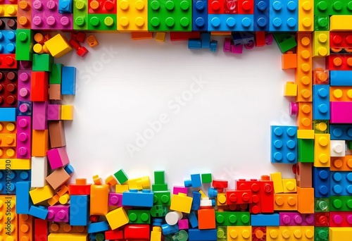 Colorful toy bricks forming a rectangular frame, frame, plastic