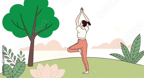 Serene Woman Practicing Yoga Tree Pose Outdoors in a Peaceful Green Landscape Illustration