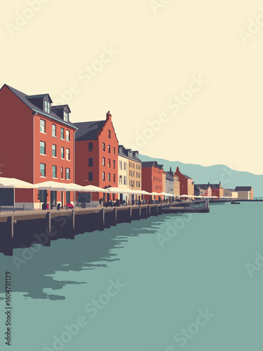 Hobart, Australia – Salamanca Place warehouses, waterfront in brick red, beam brown, water teal, and overcast white