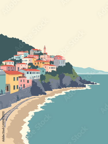 Valparaíso, Chile – Colorful hillside houses, funiculars in house pastel, track gray, ocean blue, and sky white