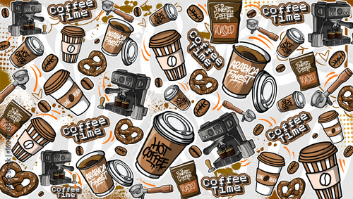 Coffee art graffiti background illustration. Coffee icons with spray paint graffiti elements