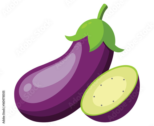 Illustration of a whole eggplant and a sliced eggplant on a white background