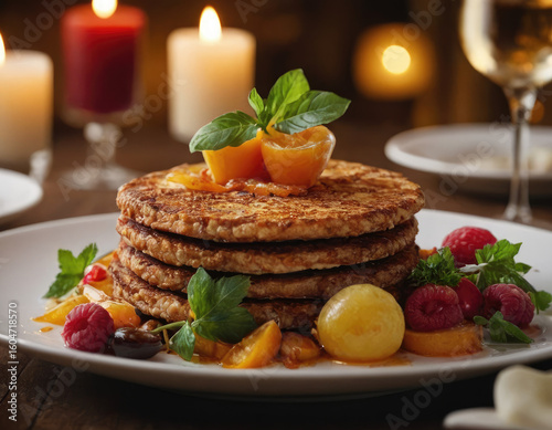 Stack of pancakes with fresh fruit and romantic candlelight