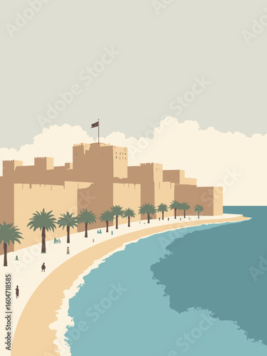 Alexandria, Egypt – Citadel of Qaitbay, corniche in citadel beige, seablue, promenade white, and sky gray