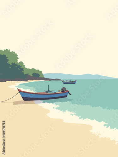 Sihanoukville, Cambodia – Ochheuteal Beach, fishing boats in sand beige, boat blue, seafoam green, and sky white