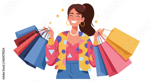 Smiling woman with shopping bags wearing a colorful polka dot jacket and pearl necklace.