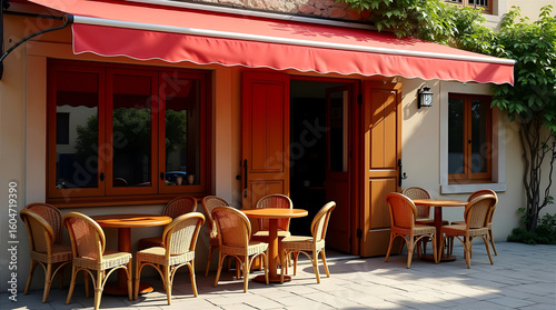 Cafe with outdoor tables and red awning