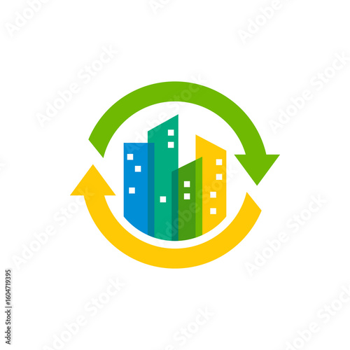 Vibrant Cityscape Renewal: Circular Green and Yellow Arrows Symbolize Urban Regeneration