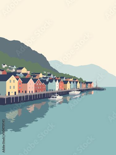 Bergen, Norway – Bryggen wharf houses, harbor in house pastel, harbor blue, mountain gray, and sky white