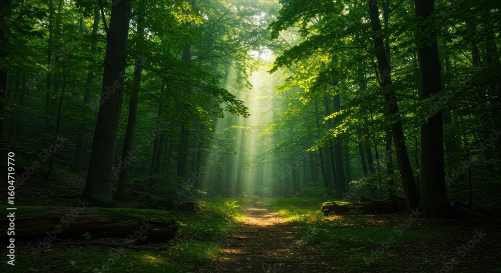 Fototapeta premium Serene Green Forest Path Sunlight Filtering Through Tall Trees in Natural Wilderness