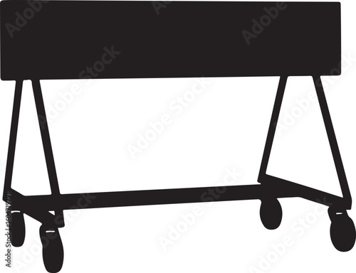 Heavy-duty black silhouette of a mobile sawhorse or workbench on wheels, ideal for construction, woodworking, and workshop equipment designs and icons