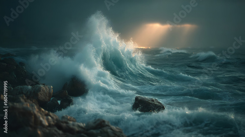 Powerful Ocean Waves Breaking on Dark Coast