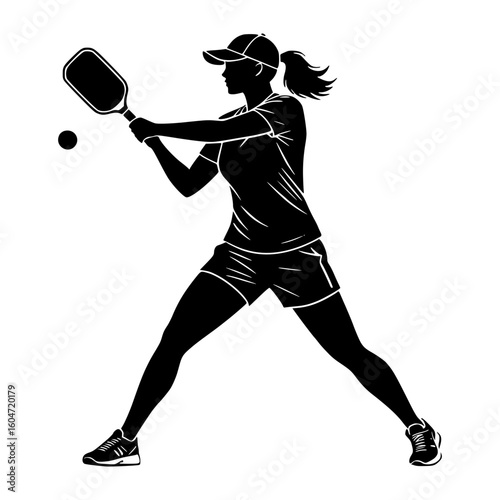 Silhouette of female Pickleball player in action playing game