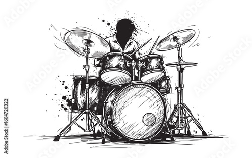drum player musician abstract sketch brush with splatter engraving vector illustration