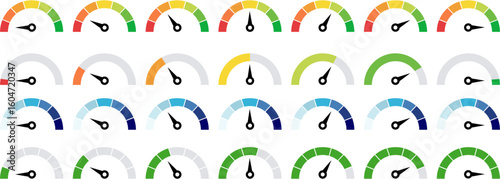 Speedometer and gauge meter icon set. Vector scale and dial indicators in green red color for performance, risk, progress, score, level