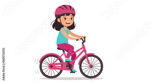 Cartoon girl with pink helmet riding a pink bicycle smiling happily.