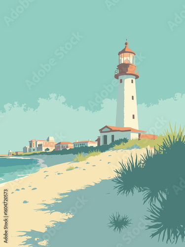 Biloxi, MS – Biloxi Lighthouse, beachfront casinos in ocean teal, casino gold, lighthouse white, and palm frond green