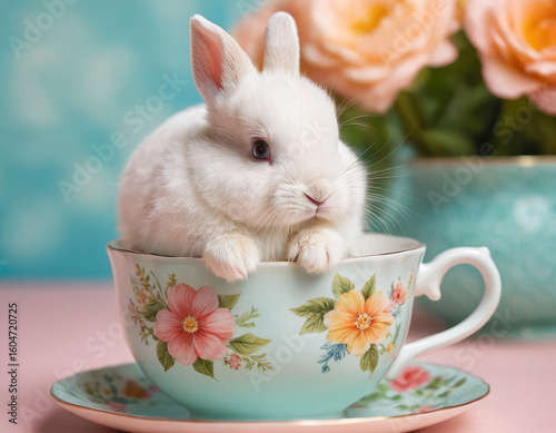 Adorable white bunny sits in a floral teacup