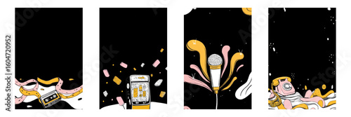 Retro Music And Communication Poster Set. Vintage Pop Art Decor Collection Isolated On Transparent Background. Ideal Design for Cover, Brochure, Banner, Social Media, Flyer or Wallpaper