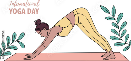 Woman practicing downward-facing dog yoga pose, minimalist line art style, serene mood, pastel colors, International Yoga Day.