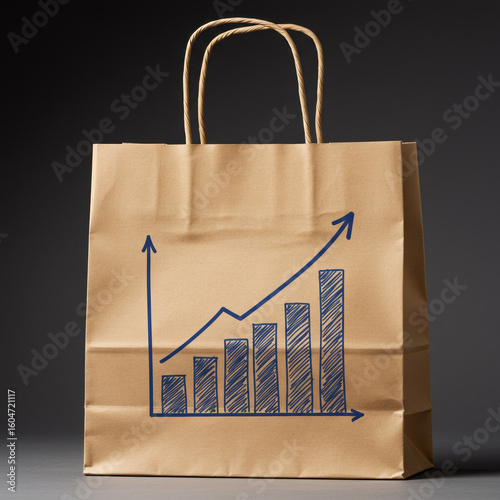 Brown paper shopping bag with hand drawn growth chart symbolizing business success, retail sales, and profit. An isolated conceptual image showing positive progress and optimism