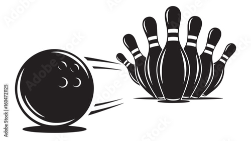 Bowling strike vector illustration of a bowling ball hitting bowling pins in black and white