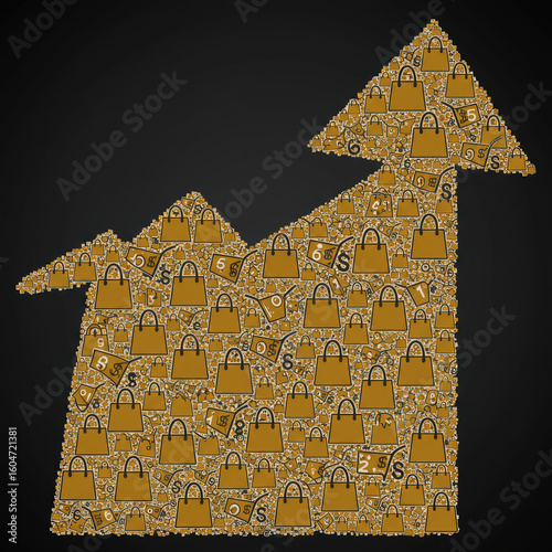 Positive growth arrow chart mosaic of shopping bag icon, money, and commerce symbol. Successful diagram showing retail sales increase and financial profit on grey background