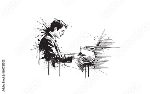 piano player musician abstract sketch engraving vector illustration