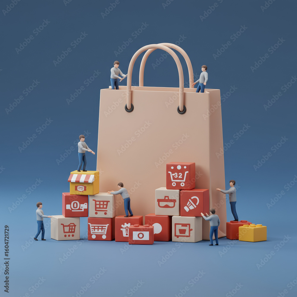 Fototapeta premium Miniature people busy building an online e commerce business. 3D rendering concept of retail marketing with shopping bag and icons representing buying and selling