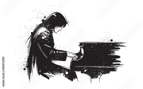 piano player musician abstract sketch engraving vector illustration