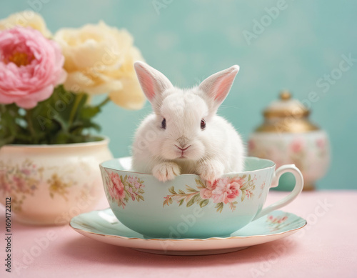 Adorable baby bunny sits in a floral teacup