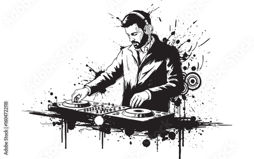 dj player musician abstract sketch engraving vector illustration