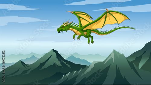 Green Dragon flying in the mountains. Vector illustration of dragon flying in the mountains.