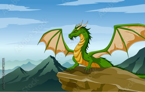 Green Dragon on the mountain. Vector illustration of a dragon on the mountain.