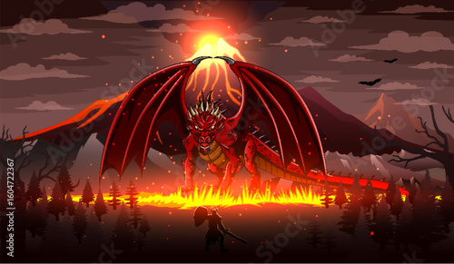 Fantasy a knight is fighting against a red fire dragon, with a volcano in the background. Vector illustration.