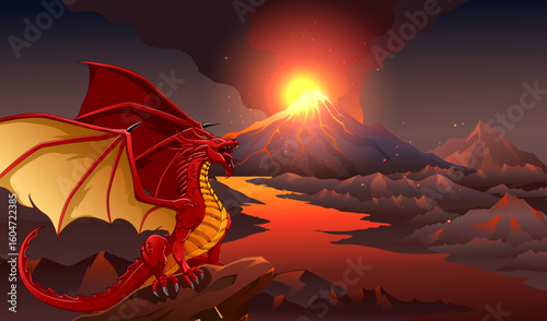 The red dragon is around the volcano. Cartoon vector illustration of dragon and volcano.