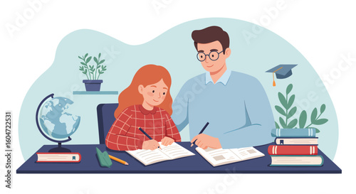 Father tutoring daughter with red hair writing in notebooks at a desk.