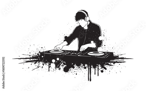 dj player musician abstract sketch engraving vector illustration