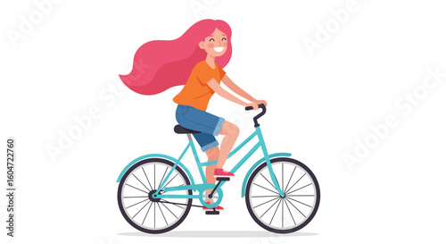 Joyful girl with flowing pink hair riding a light blue bicycle smiling brightly.